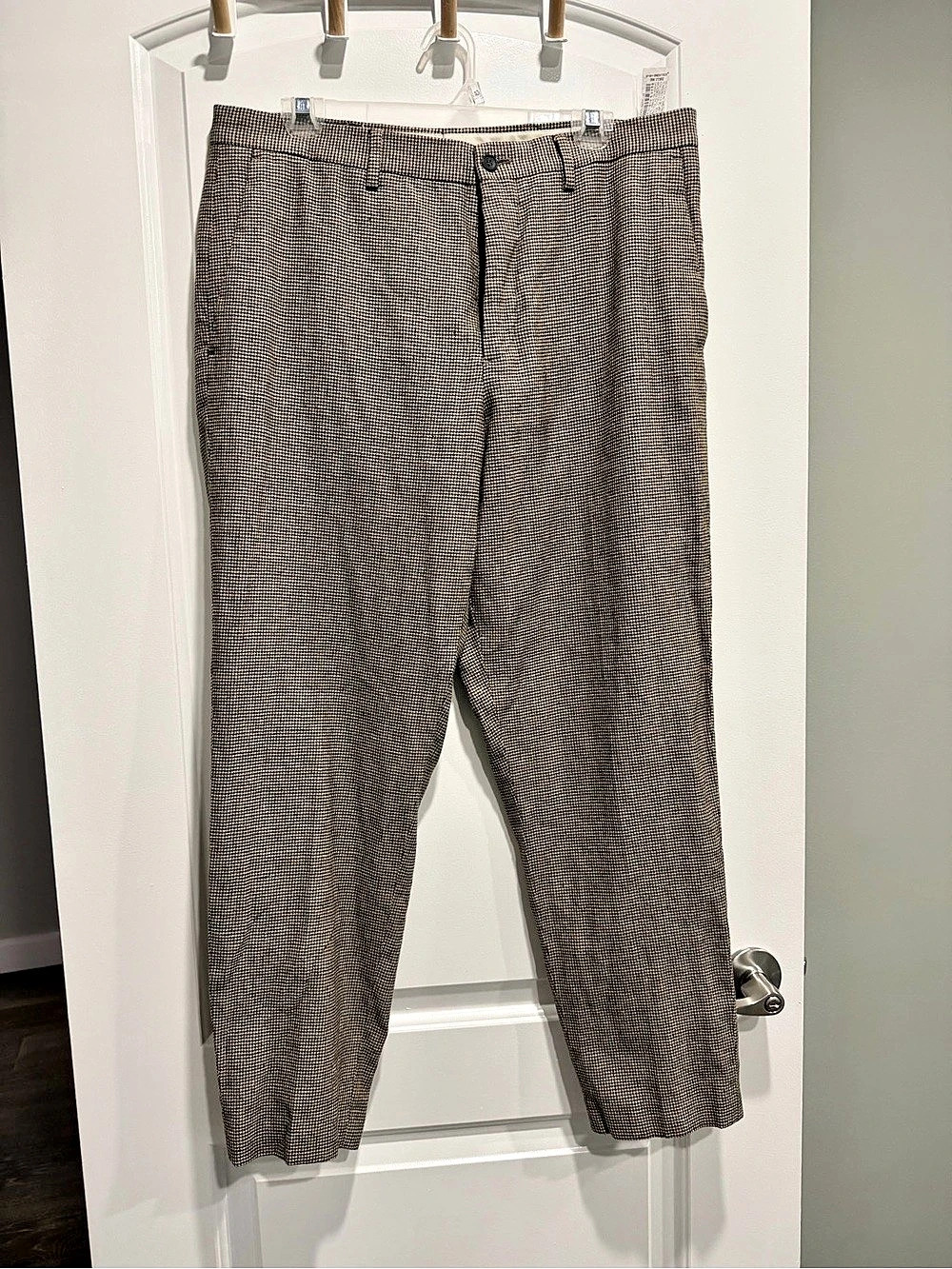 Zara Houndstooth Regular Fit Suit Trousers Brown & White Waist 32